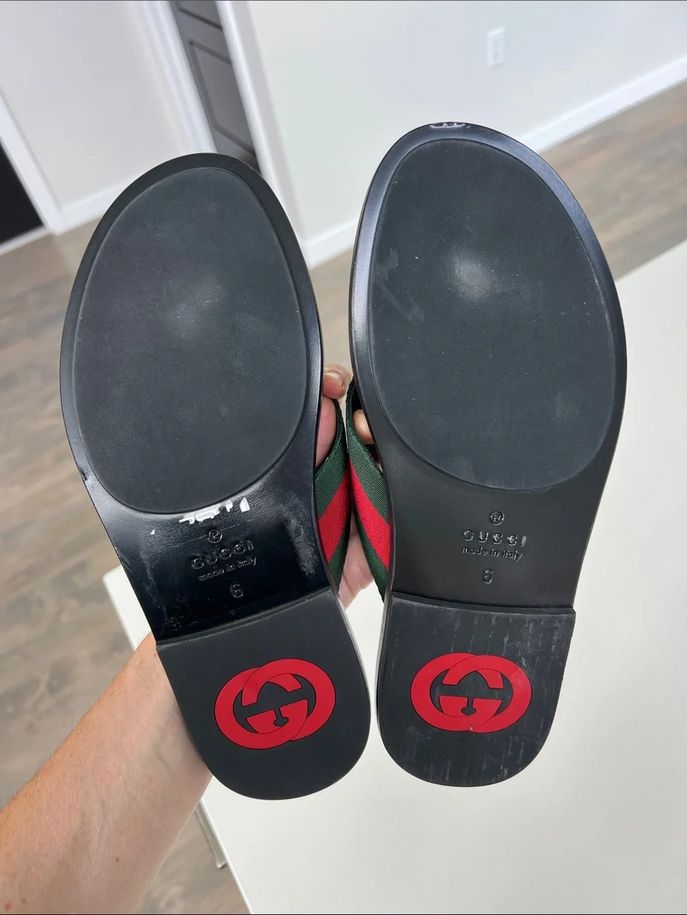 Gucci nylon green and red striped silver gold GG logo sandals flip flops men’s 6